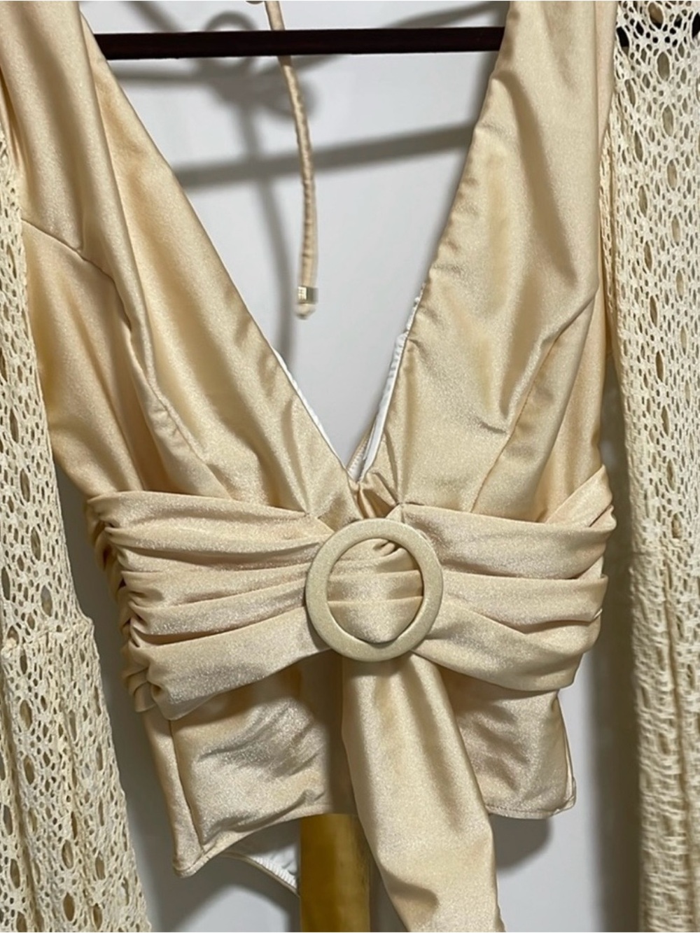 PatBO Cream Crochet-Sleeve Deep V Belted One-Piece Swimsuit - Picture 2 of 7